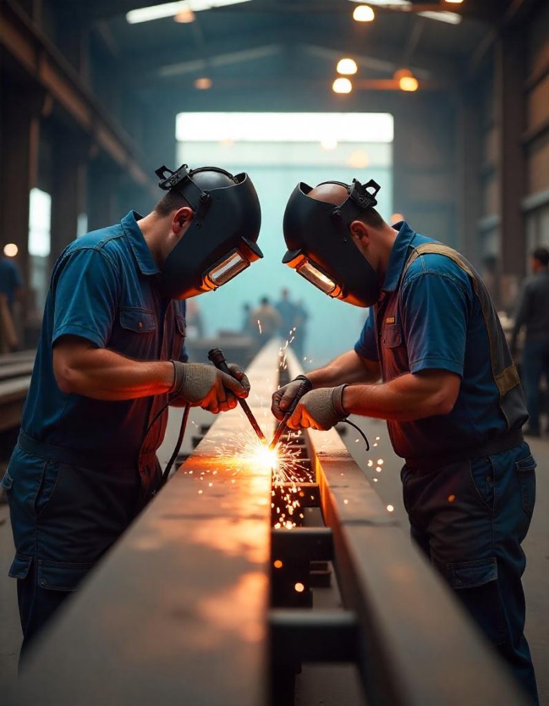 Steel structure fabrication workshop showing welding and cutting techniques at cubesteelbd